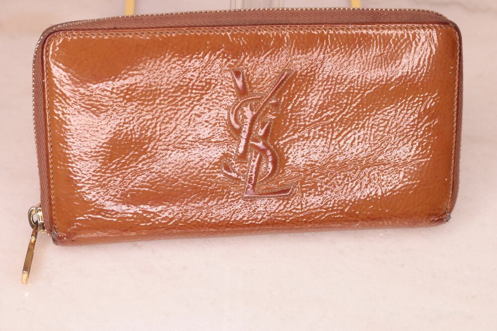 Yves Saint Laurent Belle de Jour Brown Patent Leather Zip Around Wallet YSL